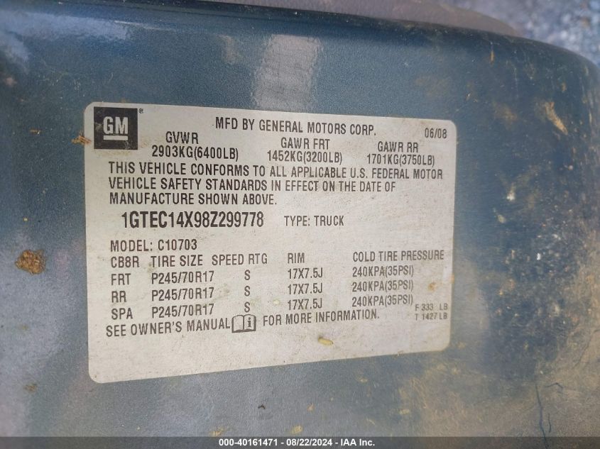 2008 GMC Sierra 1500 Work Truck VIN: 1GTEC14X98Z299778 Lot: 40161471