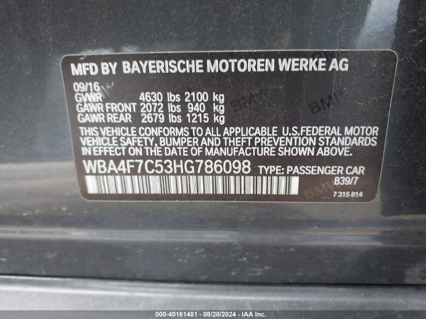 2017 BMW 430I Gran Coupe VIN: WBA4F7C53HG786098 Lot: 40161481