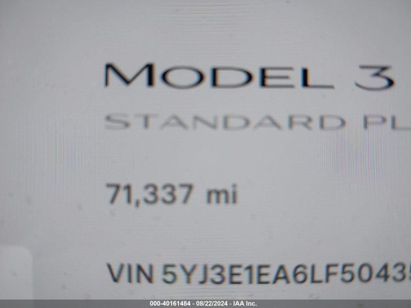 2020 Tesla Model 3 Standard Range Plus Rear-Wheel Drive/Standard Range Rear-Wheel Drive VIN: 5YJ3E1EA6LF504354 Lot: 40161484