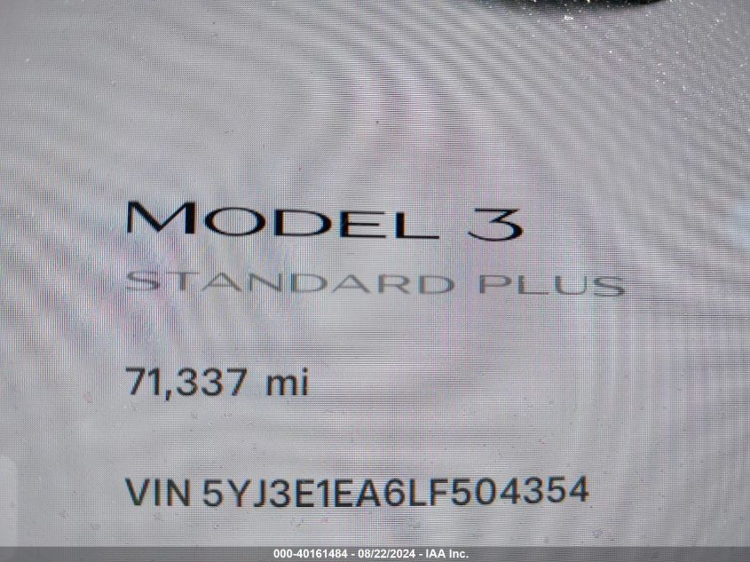 2020 Tesla Model 3 Standard Range Plus Rear-Wheel Drive/Standard Range Rear-Wheel Drive VIN: 5YJ3E1EA6LF504354 Lot: 40161484