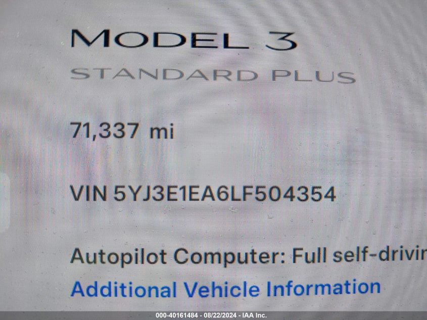 2020 Tesla Model 3 Standard Range Plus Rear-Wheel Drive/Standard Range Rear-Wheel Drive VIN: 5YJ3E1EA6LF504354 Lot: 40161484