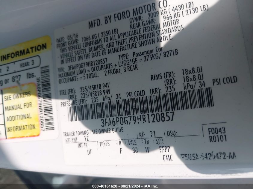 2017 FORD FUSION S - 3FA6P0G79HR120857