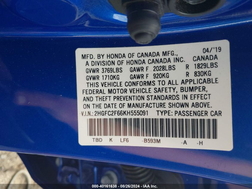 2019 Honda Civic Lx VIN: 2HGFC2F66KH555091 Lot: 40161638
