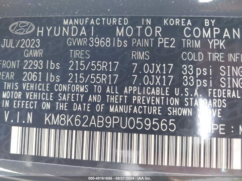 2023 Hyundai Kona Sel VIN: KM8K62AB9PU059565 Lot: 40161656