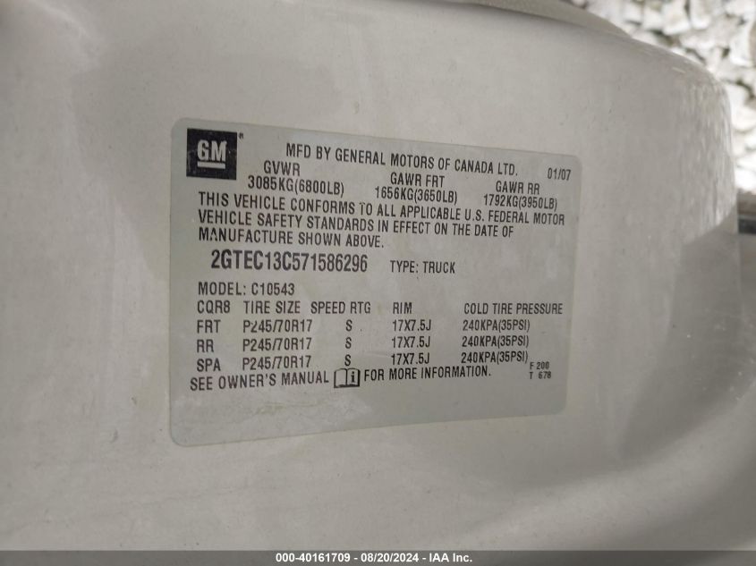 2007 GMC Sierra 1500 Sle1 VIN: 2GTEC13C571586296 Lot: 40161709