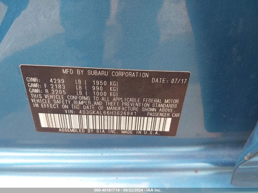 VIN 4S3GKAL66H3626841 2017 SUBARU IMPREZA 2.0I SPORT