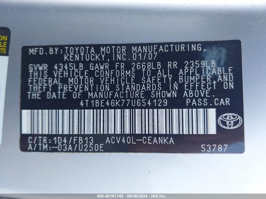 4T1BE46K77U654129 2007 Toyota Camry Le