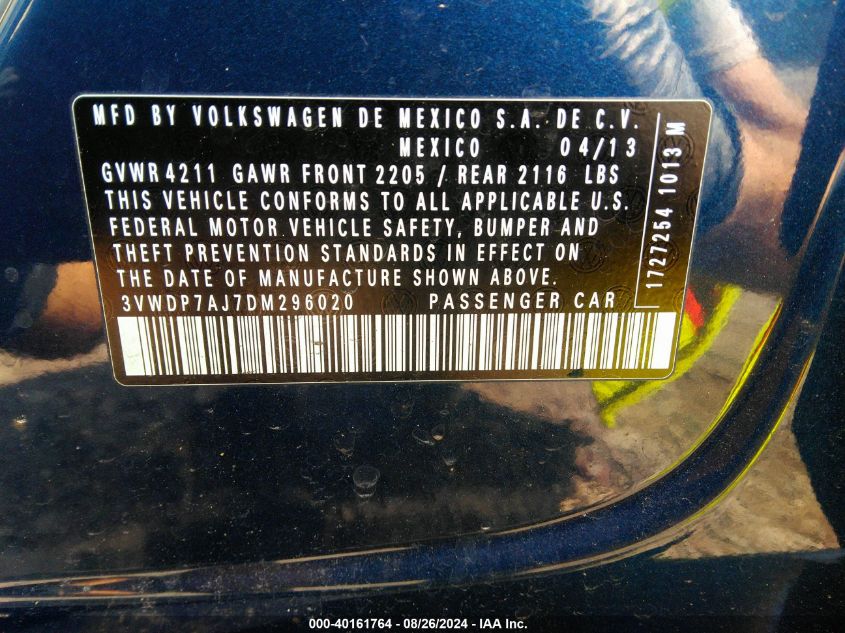 2013 Volkswagen Jetta 2.5L Se VIN: 3VWDP7AJ7DM296020 Lot: 40161764