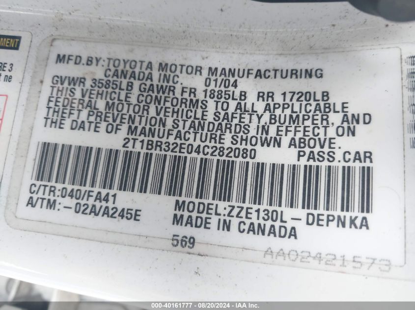 2004 Toyota Corolla Le VIN: 2T1BR32E04C282080 Lot: 40161777