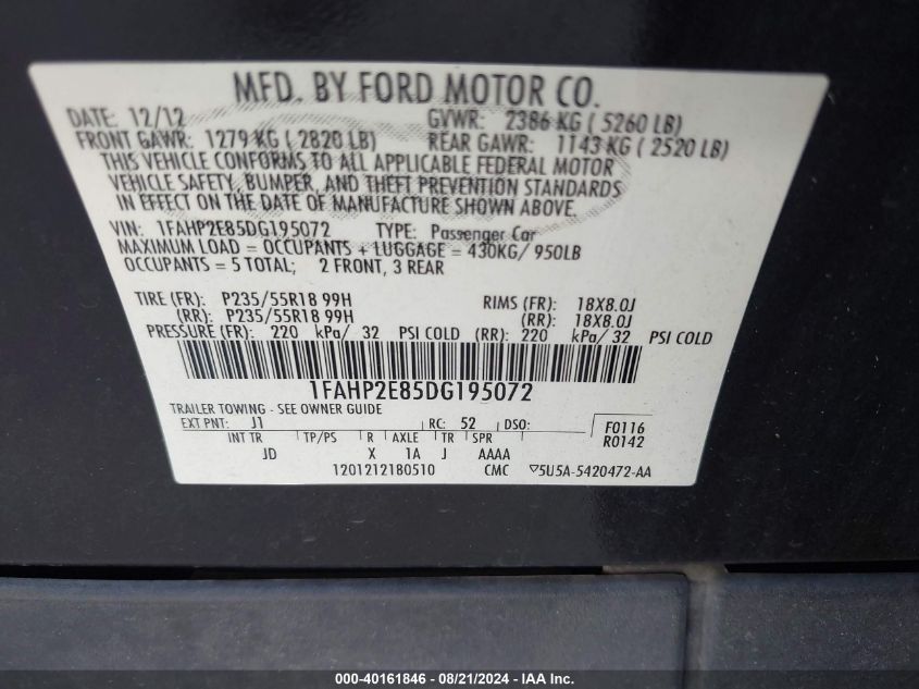 1FAHP2E85DG195072 2013 Ford Taurus Sel