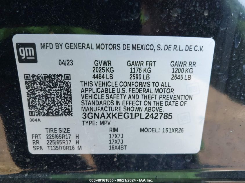 2023 Chevrolet Equinox Lt VIN: 3GNAXKEG1PL242785 Lot: 40161855