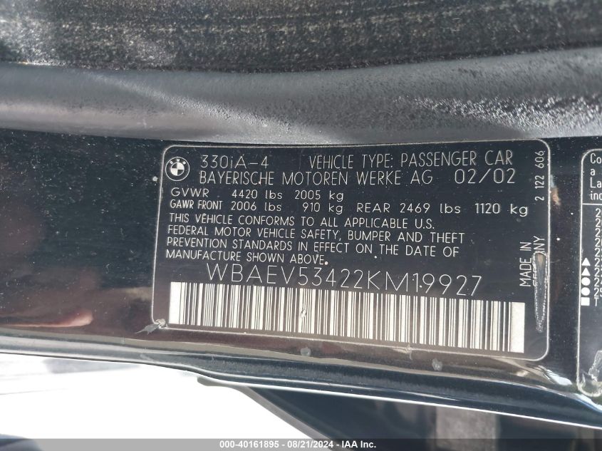 2002 BMW 330I VIN: WBAEV53422KM19927 Lot: 40161895