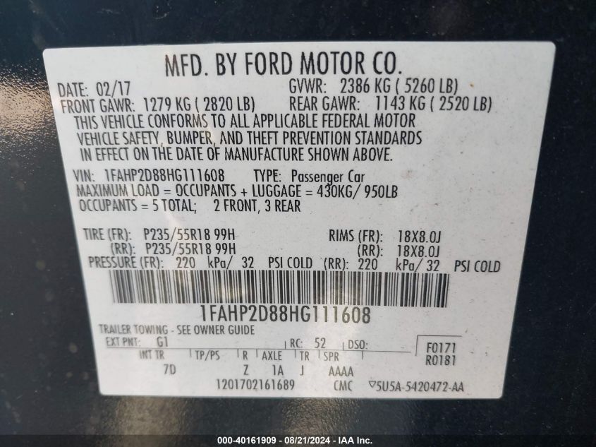 1FAHP2D88HG111608 2017 Ford Taurus Se