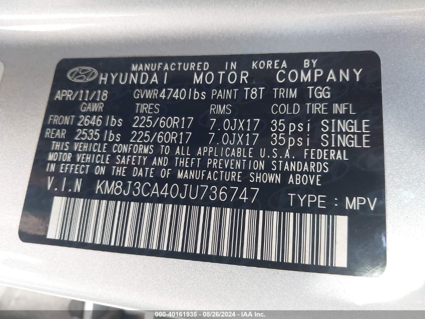 KM8J3CA40JU736747 2018 Hyundai Tucson Sel