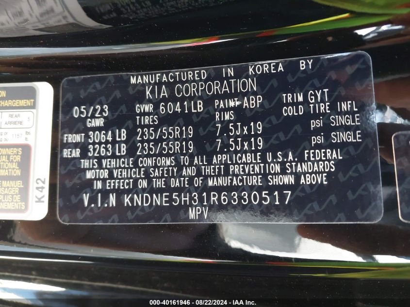 2024 Kia Carnival Mpv Sx Prestige VIN: KNDNE5H31R6330517 Lot: 40161946