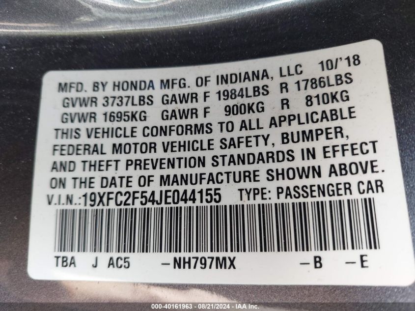 2018 Honda Civic Lx VIN: 19XFC2F54JE044155 Lot: 40161963