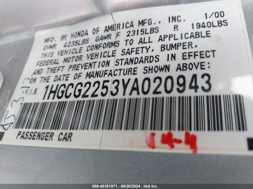 2000 Honda Accord 3.0 Ex VIN: 1HGCG2253YA020943 Lot: 40161971