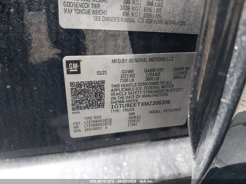 2021 GMC Sierra 1500 4Wd Short Box At4 VIN: 1GTU9EETXMZ206306 Lot: 40161978