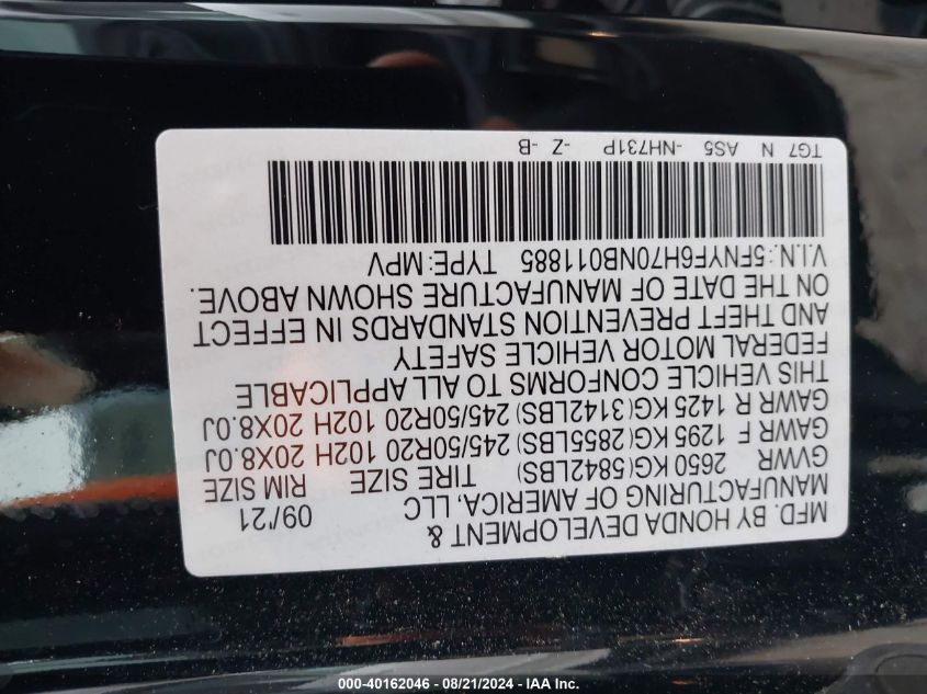 2022 Honda Pilot Black VIN: 5FNYF6H70NB011885 Lot: 40162046