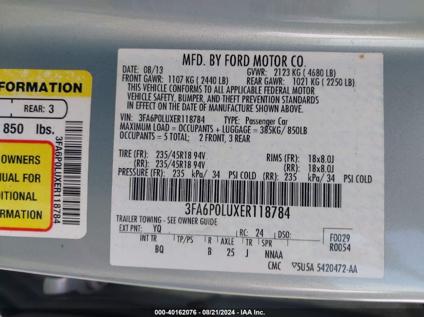 2014 Ford Fusion Hybrid Se Hybrid VIN: 3FA6P0LUXER118784 Lot: 40162076