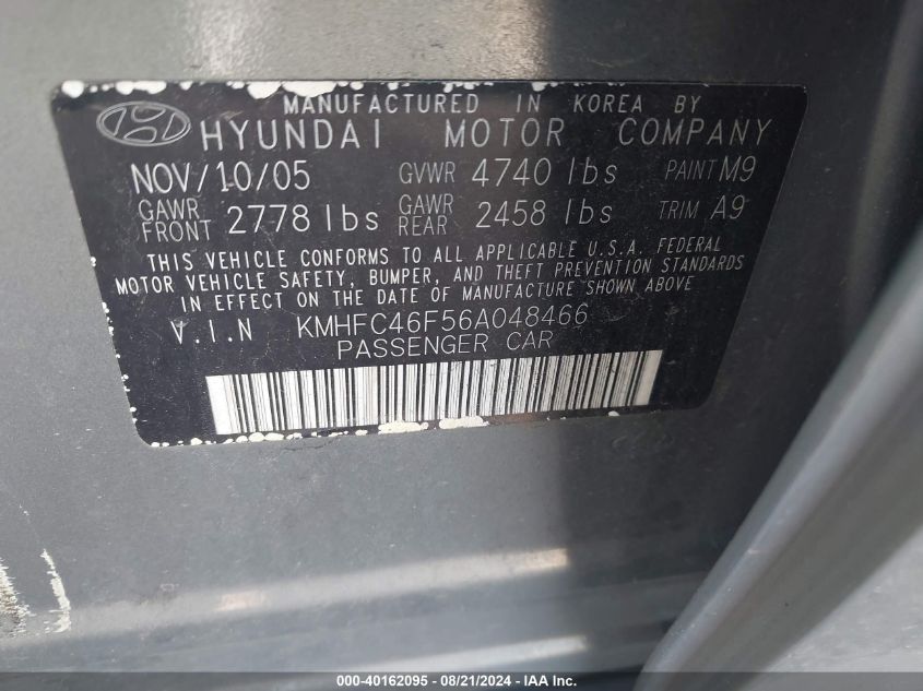 2006 Hyundai Azera Se/Limited VIN: KMHFC46F56A048466 Lot: 40162095