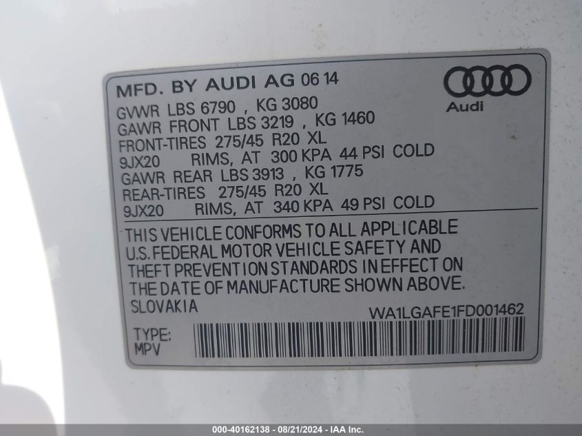 2015 Audi Q7 3.0T Premium VIN: WA1LGAFE1FD001462 Lot: 40162138