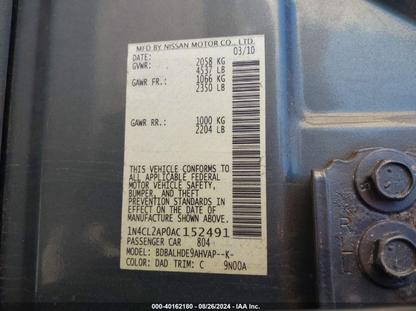 2010 Nissan Altima Hybrid VIN: 1N4CL2AP0AC152491 Lot: 40162180