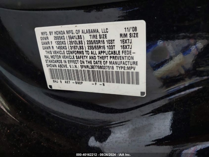 2009 Honda Odyssey Ex-L VIN: 5FNRL38779B027518 Lot: 40162212