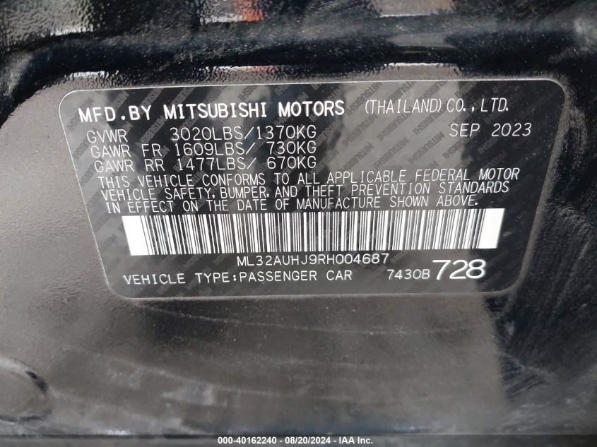 2024 Mitsubishi Mirage Es VIN: ML32AUHJ9RH004687 Lot: 40162240