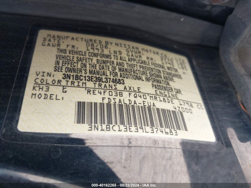 2009 Nissan Versa 1.8S VIN: 3N1BC13E39L374683 Lot: 40162265