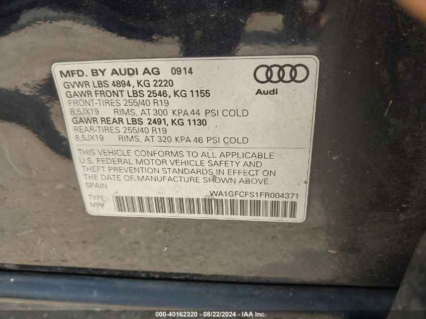 2015 Audi Q3 2.0T Premium Plus VIN: WA1GFCFS1FR004371 Lot: 40162320