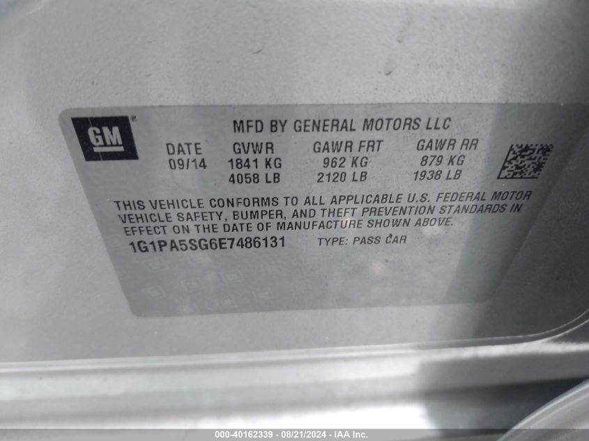 2014 Chevrolet Cruze Ls Auto VIN: 1G1PA5SG6E7486131 Lot: 40162339