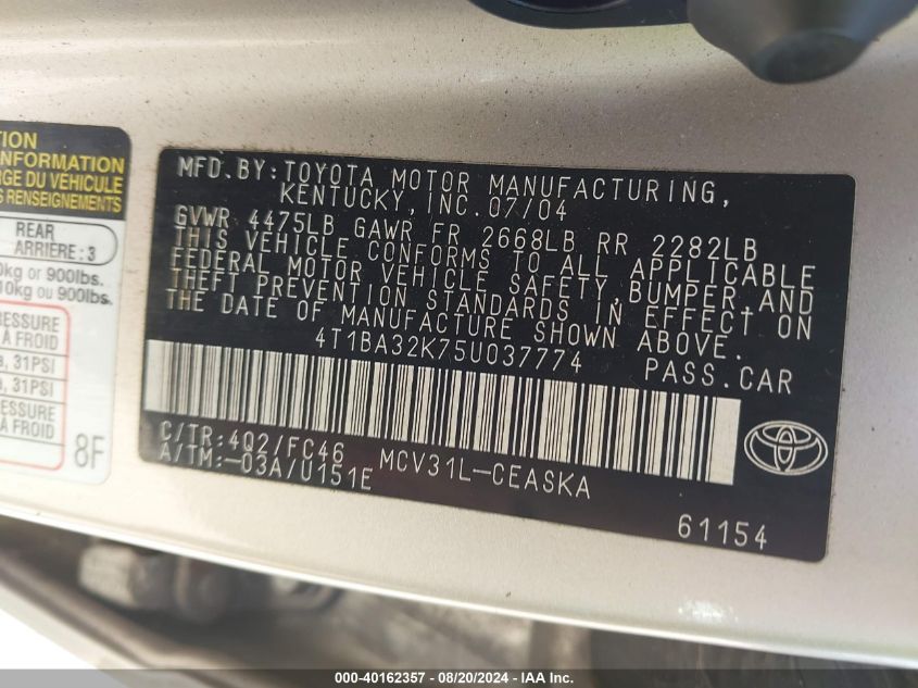 4T1BA32K75U037774 2005 Toyota Camry Se V6