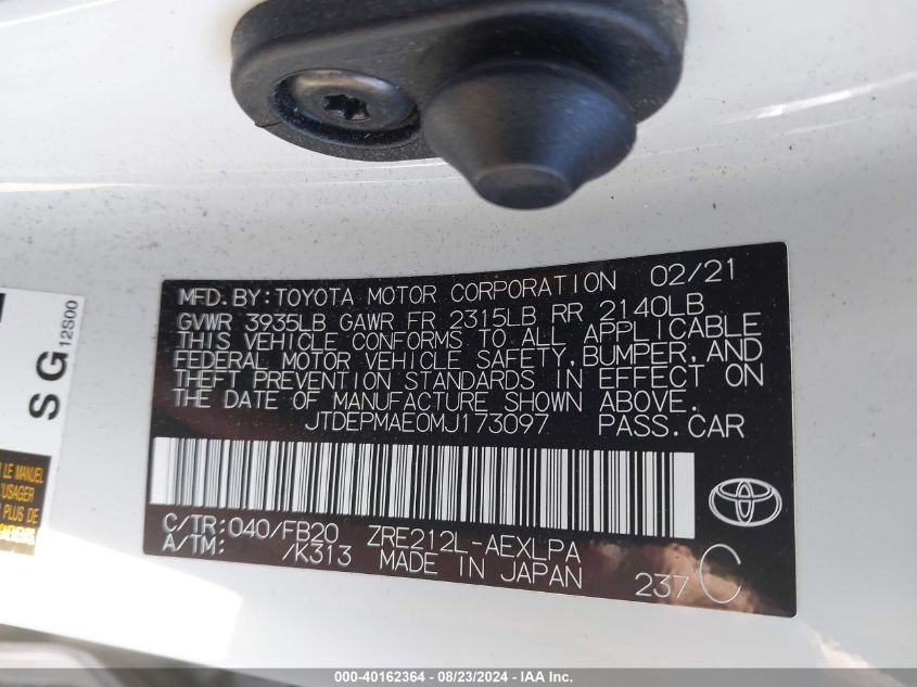 2021 Toyota Corolla Le VIN: JTDEPMAE0MJ173097 Lot: 40162364