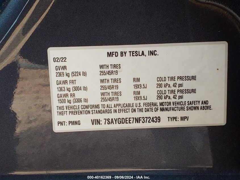 2022 Tesla Model Y Long Range Dual Motor All-Wheel Drive VIN: 7SAYGDEE7NF372439 Lot: 40162369