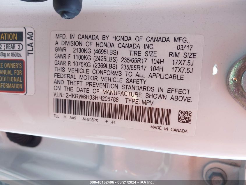 2HKRW6H33HH206788 2017 Honda Cr-V Lx