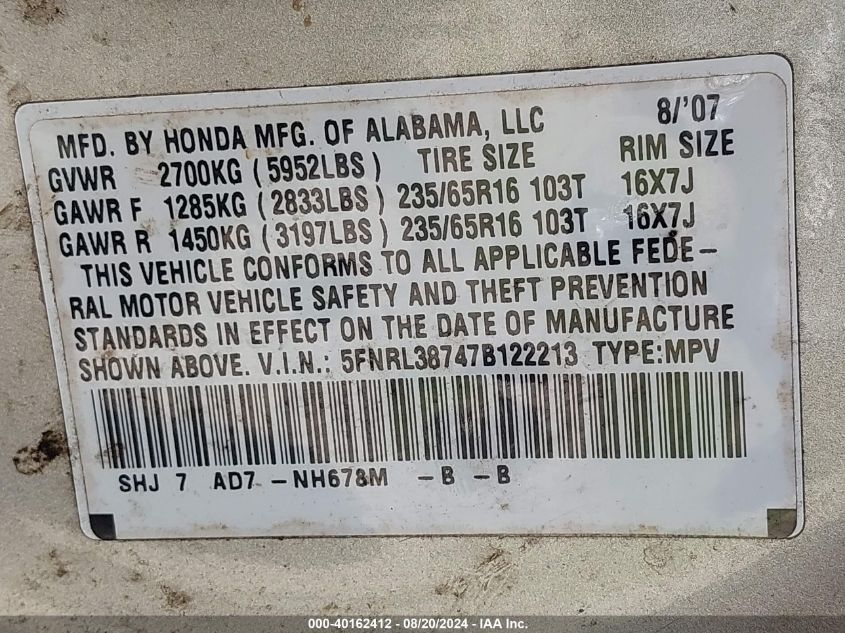 2007 Honda Odyssey Ex-L VIN: 5FNRL38747B122213 Lot: 40162412