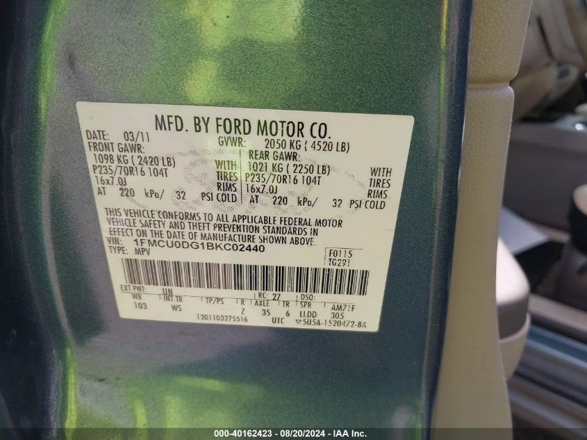 2011 Ford Escape Xlt VIN: 1FMCU0DG1BKC02440 Lot: 40162423