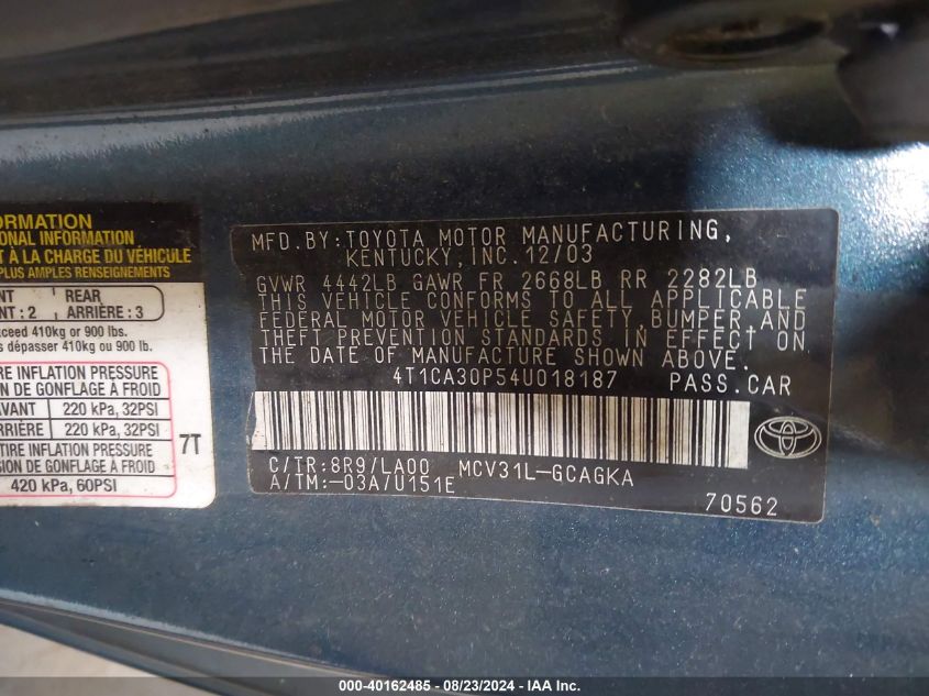 4T1CA30P54U018187 2004 Toyota Camry Solara Sle V6