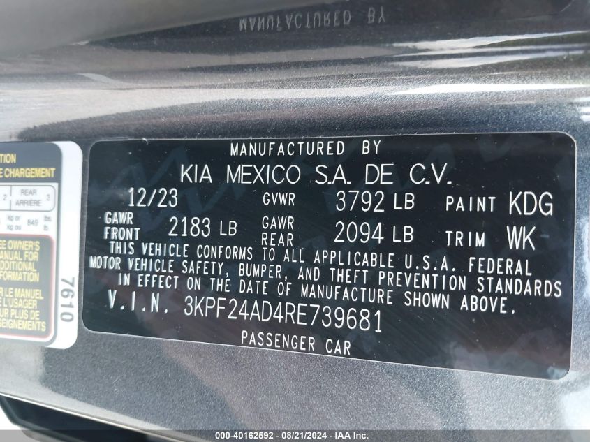 2024 Kia Forte Lxs VIN: 3KPF24AD4RE739681 Lot: 40162592