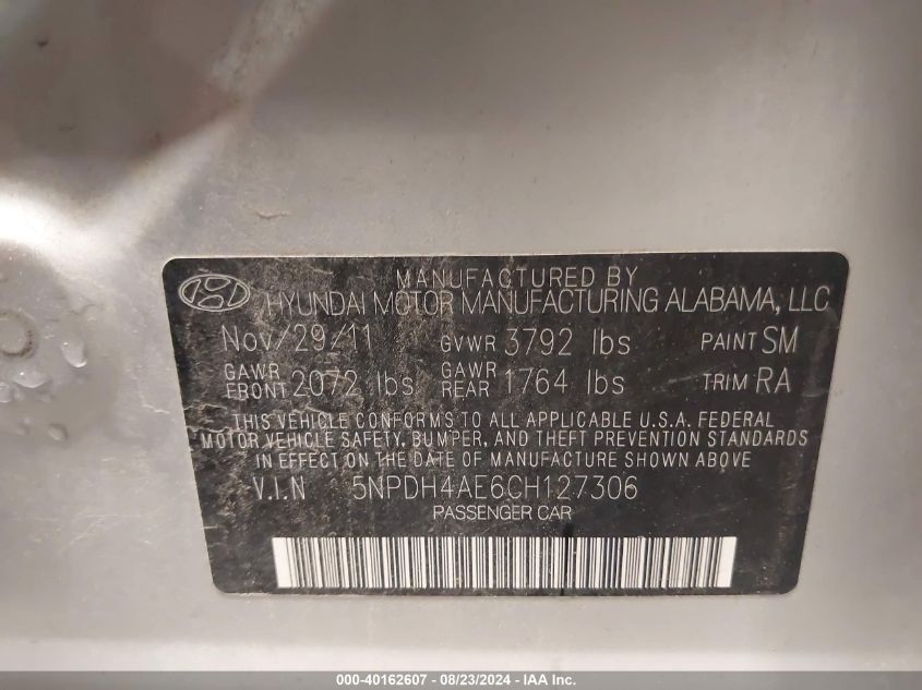 5NPDH4AE6CH127306 2012 Hyundai Elantra Gls