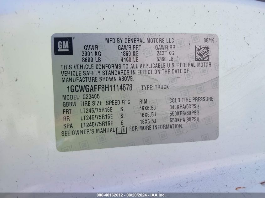 2017 Chevrolet Express 2500 Work Van VIN: 1GCWGAFF8H1114678 Lot: 40162612