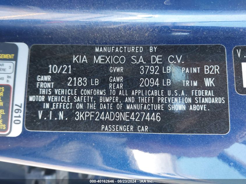 2022 Kia Forte Lxs VIN: 3KPF24AD9NE427446 Lot: 40162646