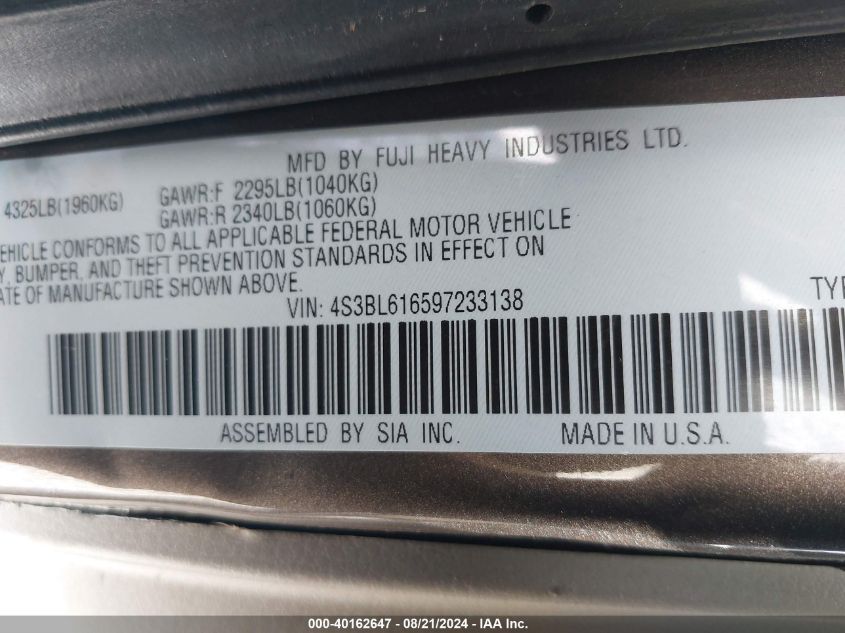 2009 Subaru Legacy 2.5I VIN: 4S3BL616597233138 Lot: 40162647