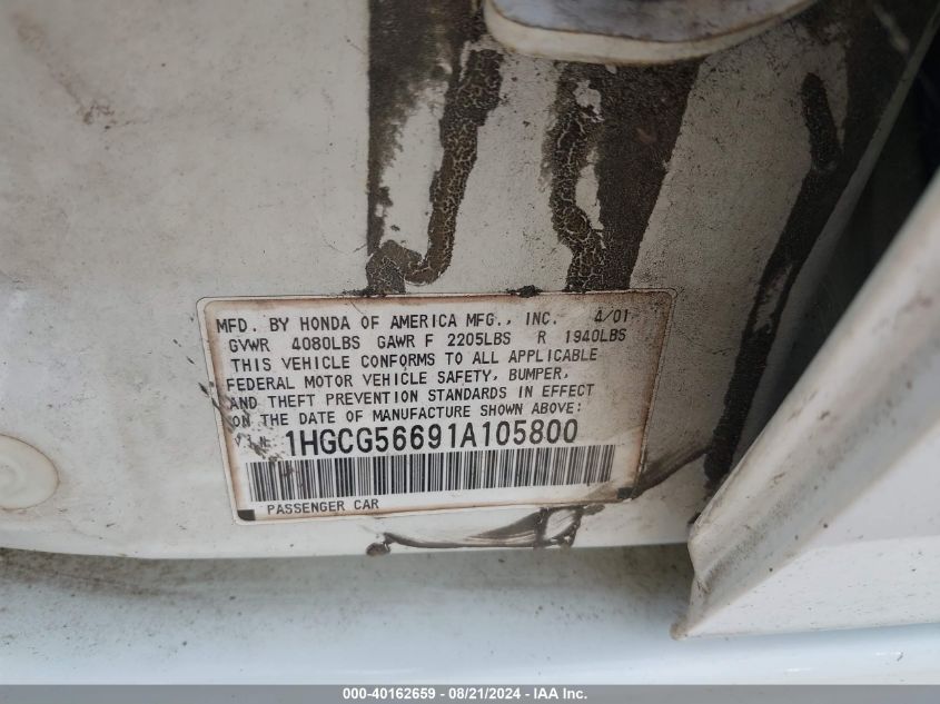 2001 Honda Accord 2.3 Ex VIN: 1HGCG56691A105800 Lot: 40162659