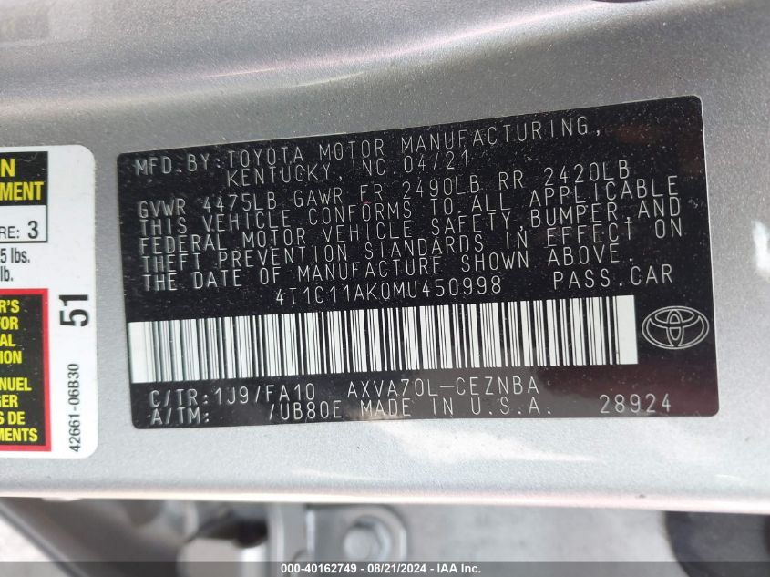 4T1C11AK0MU450998 2021 Toyota Camry Le