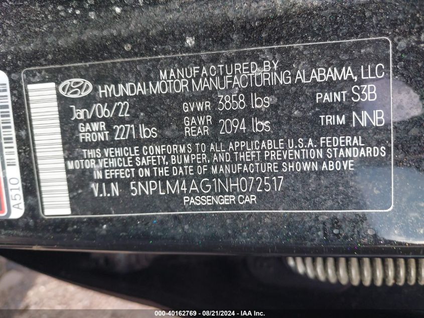 2022 Hyundai Elantra Sel VIN: 5NPLM4AG1NH072517 Lot: 40162769