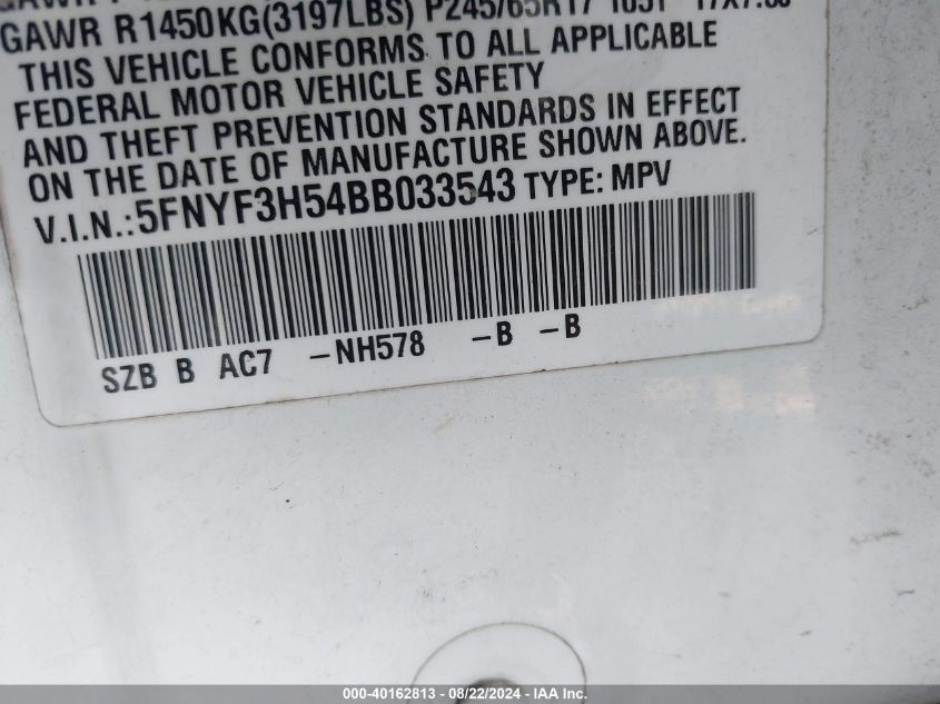 2011 Honda Pilot Ex-L VIN: 5FNYF3H54BB033543 Lot: 40162813