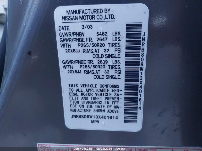 2003 Infiniti Fx45 VIN: JNRBS08W13X401614 Lot: 40162851