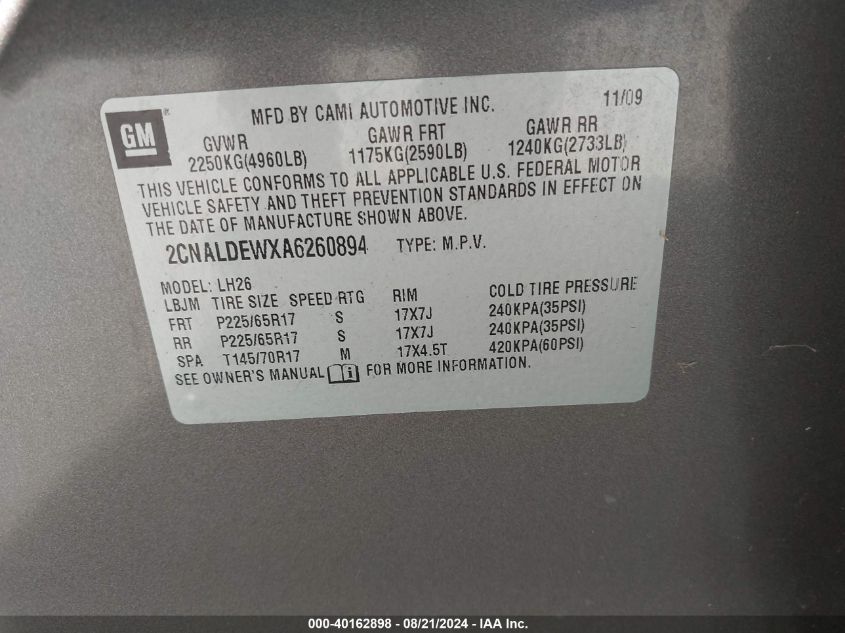 2010 Chevrolet Equinox Lt VIN: 2CNALDEWXA6260894 Lot: 40162898